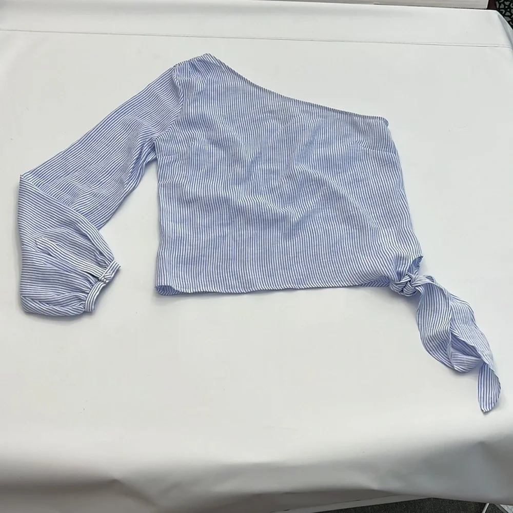 L’ Academie romantic sleeve blue & white pinstripe shirt size S - Picture 12 of 16